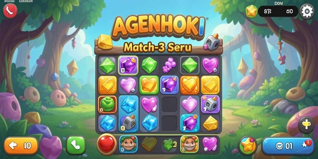 Tangkapan layar utama AGENHOKI menampilkan aksi pencocokan elemen seru.