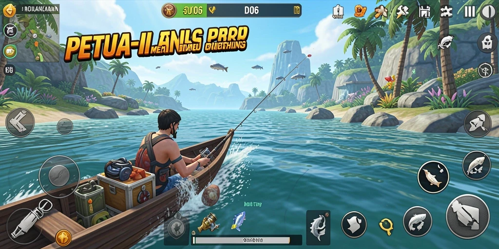 Screenshot menunjukkan pemain sedang asyik memancing di danau yang indah.