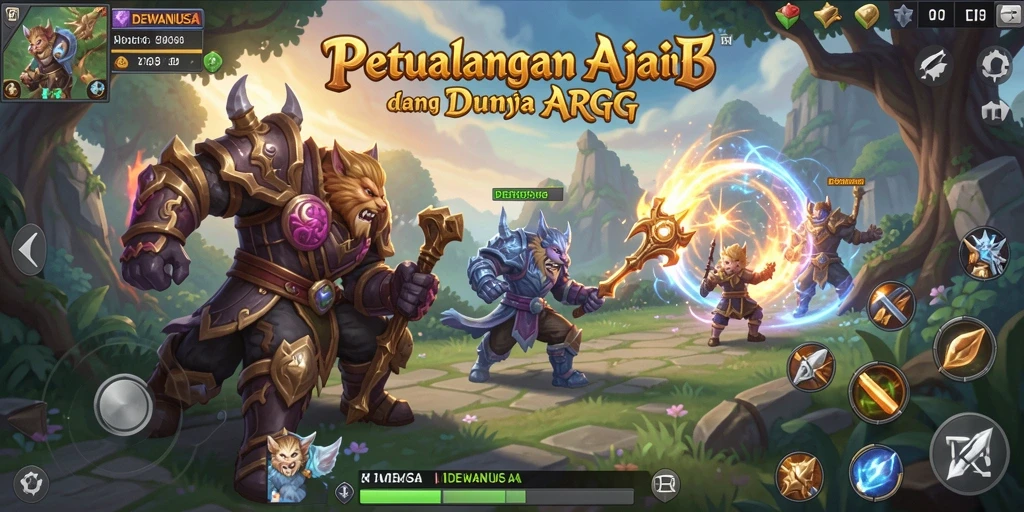 Tampilan gameplay <strong>DEWANUSA</strong> dengan pertempuran seru dan karakter yang beragam.