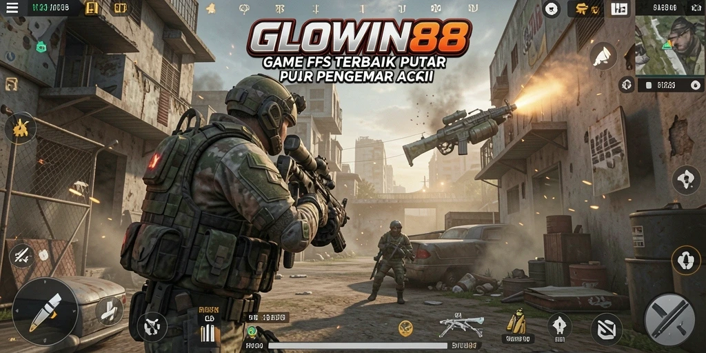 Screenshot GLOWIN88 menunjukkan aksi tembak-menembak yang intens.