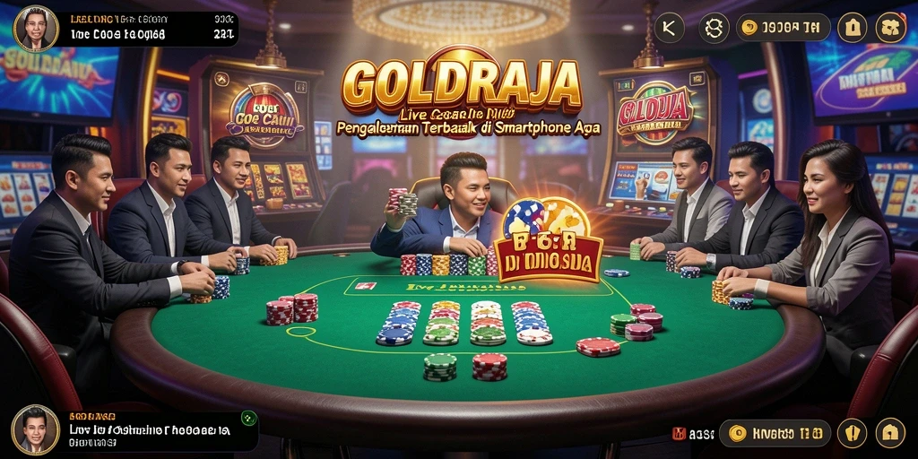 Screenshot gameplay GOLDRAJA menampilkan dealer profesional dan suasana kasino nyata.