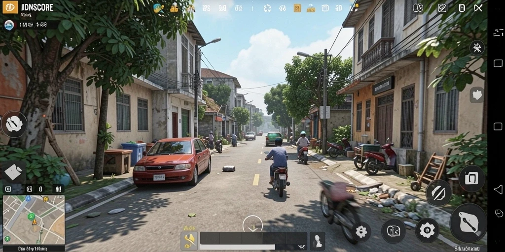 Tampilan gameplay <strong>IDNSCORE</strong> yang menarik dengan elemen simulasi kehidupan.