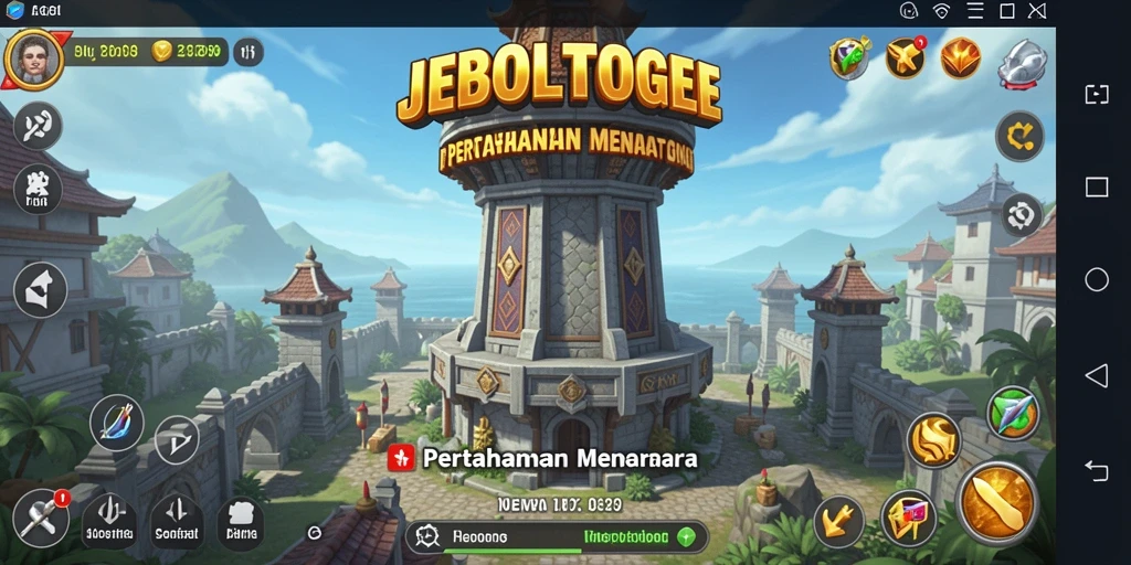 Tampilan gameplay seru JEBOLTOGEL dengan menara pertahanan yang strategis.