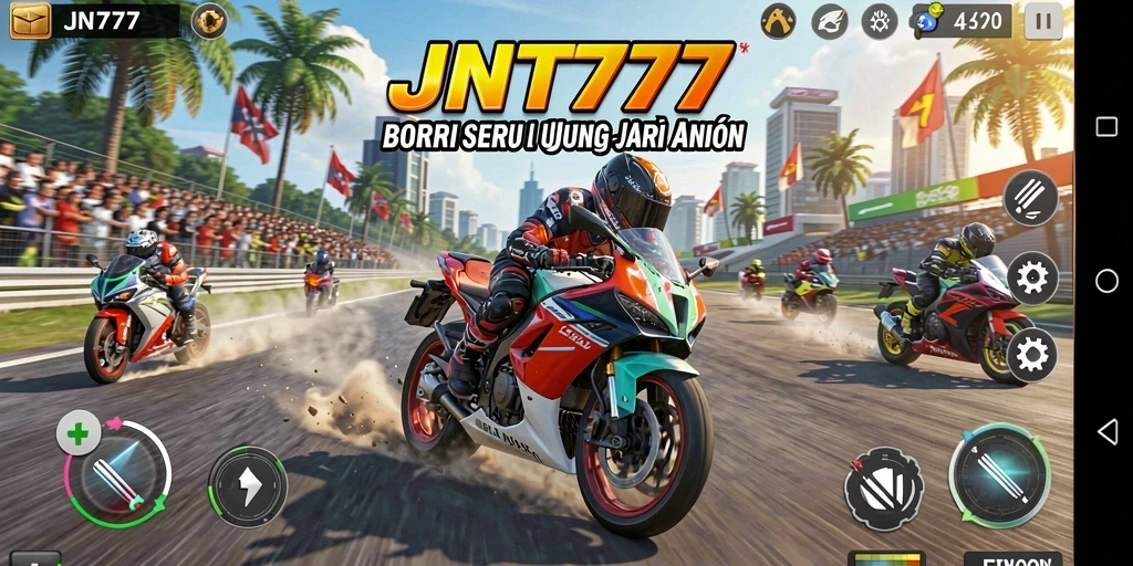 Tampilan gameplay memukau dari JNT777 saat balapan motor.