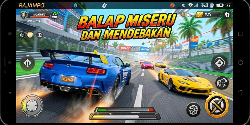 Gameplay RAJAMPO menampilkan balapan kencang dengan mobil yang dapat dikustomisasi.