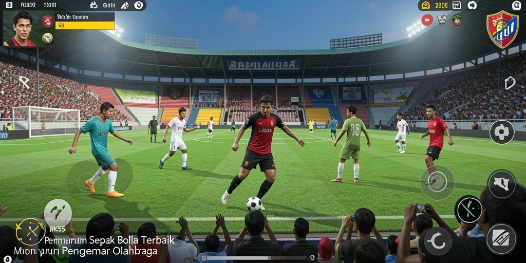 Screenshot gameplay RK55 menampilkan aksi seru di lapangan sepak bola.