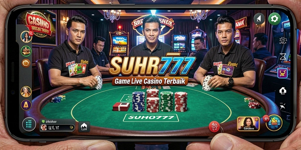 Screenshot gameplay menunjukkan dealer langsung yang ramah dan suasana kasino yang mengasyikkan.