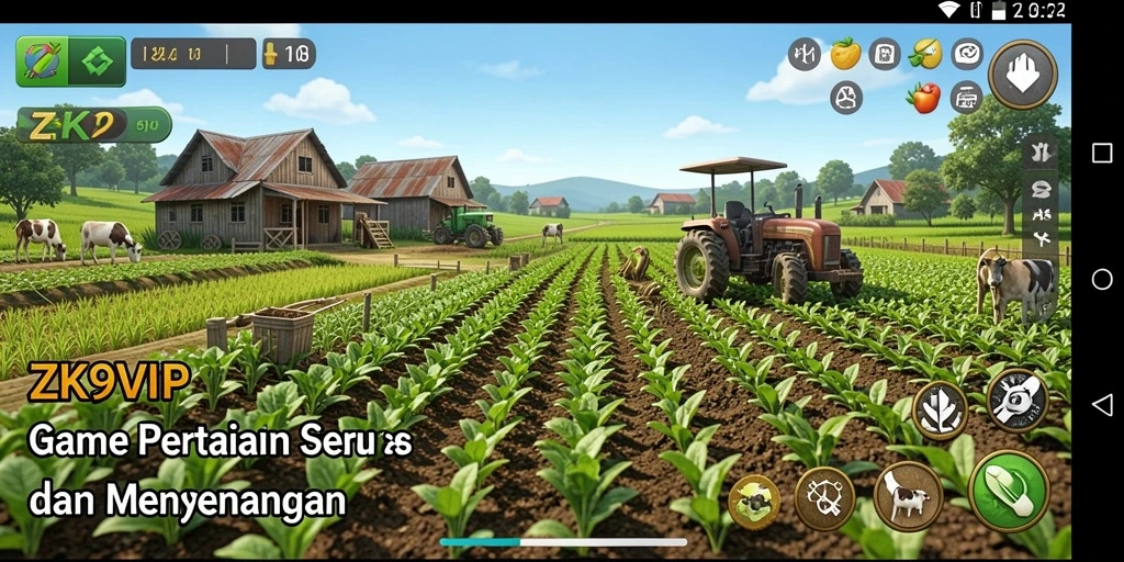Tangkapan layar gameplay ZK9VIP menampilkan kegiatan bertani yang seru dan interaktif.